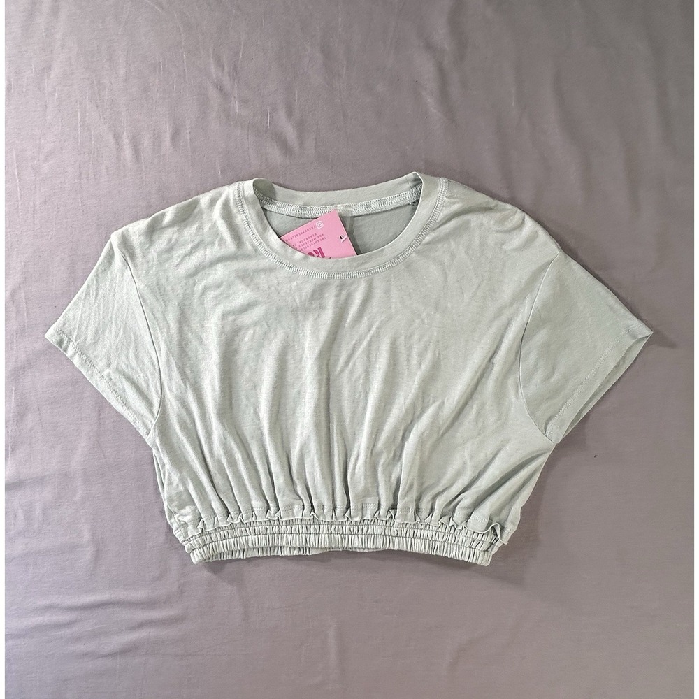 Mono B Trendy Rebel Sage Cropped Smocked Hem Top Women's Medium